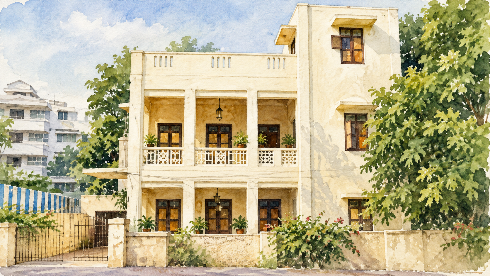 Watercolor of Harley's House at dusk