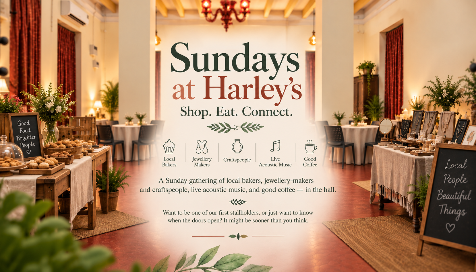 Sundays at Harley's market, stalls of handmade jewellery, pottery, art and baked goods